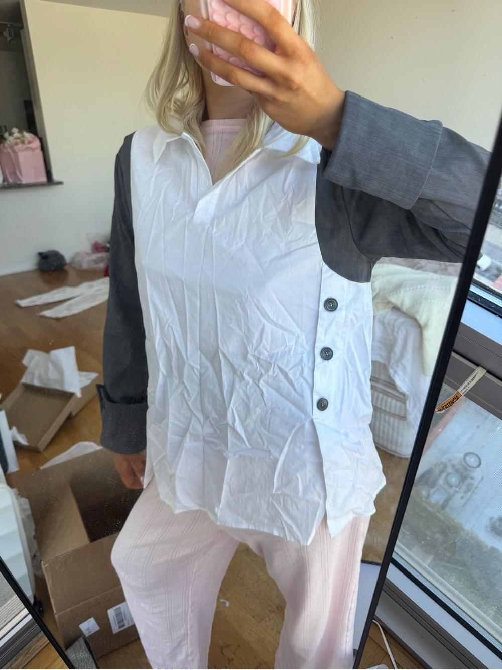 Layered Contrast Button-Side Poplin Shirt - White with Gray Sleeves